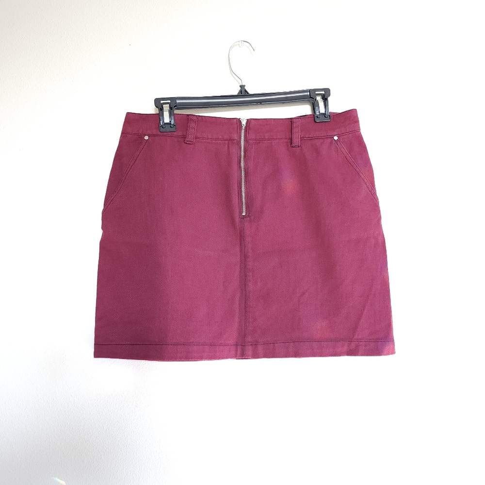 Burgundy Denim Zip Up Mini Skirt